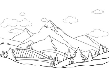 Line art, drawing of mountain  landscape vector illustration. Cartoon of spring summer beautiful nature, green grasslands meadow with  forest and mountains on horizon background .