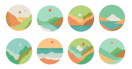 Vector set or collection of abstract creative round backgrounds in minimal trendy scandinavian style. Mountain sea landscape - design templates for social media highlights stories, emblems, logo.