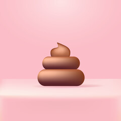 Vector chocolate sweet poop icon isolated on abstract soft cute pink studio table background. Cartoon funky pile of poo sticker for your design