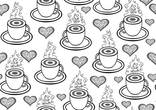 Beverage beautiful vector seamless pattern with hand drawn coffee cups and the sign "I love you"