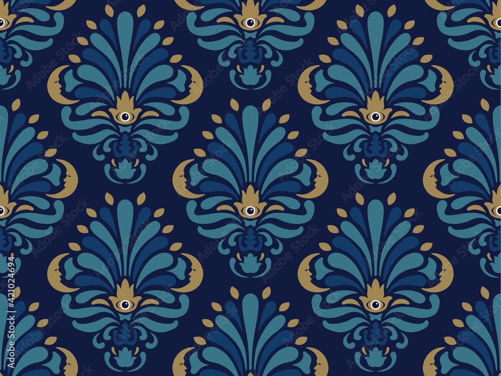 Wall mural damask pattern design with celestial design elements, moon face and sacred eye