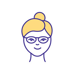 Woman in eye glasses RGB color icon. Person using special optical lenses to see well again. Special tool for fighting eyeball diseases. Isolated vector illustration