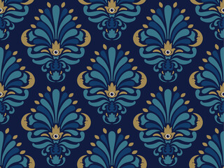 Damask pattern design with celestial design elements, moon face and sacred eye
