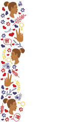 Vector illustration template portraits of a young woman in profile with details. Long hair dark skin. EPS 10. Bright colors.