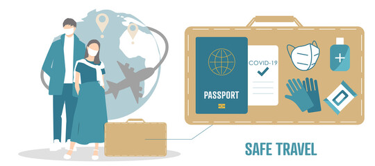 Safe travel concept. New normal after covid-19 - travel hygiene suitcase. A family with suitcase in face masks. Flat vector illustration. 