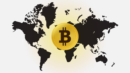 Bitcoin on world map and white background, digital money concept, vector illustration.