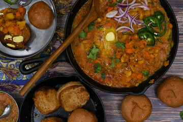 Indian pav bhaji- mixed spicy vegetables served with wholewheat bun