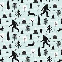 Bigfoot and jackalope seamless pattern design set in winter outdoor wilderness - 421025455