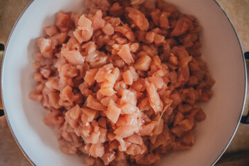 
Raw sliced ​​chicken pieces. To cook. Preparing for dinner. Cooking. A restaurant. Cafe. Workflow of cooking food