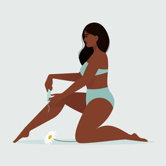 Menstruation theme. Feminine hygiene. Young african woman in lingerie with tampon in the menstrual period. Vector illustration