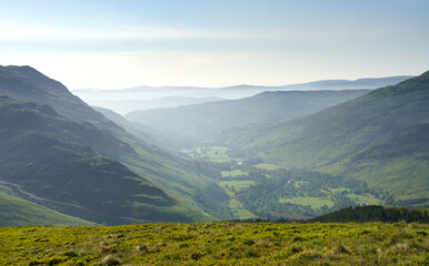Views of Invervar in Glen Lyon from below the mountain summit of Carn Gorm in the Scottish Highlands, UK landscapes.