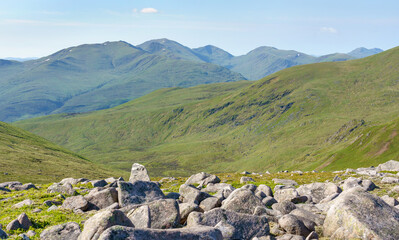 Distant views of the mountain summits of Meall Garbh, An Stuc, Ben Lawers, Beinn Ghlas and Meall...