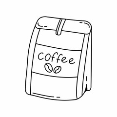 Coffee bag simple black and white doodle style isolated on white background. Vector hand drawn doodle illustration.