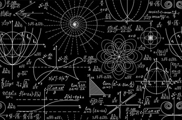 Fototapeta premium Math endless vector texture with handwritten mathematical formulas, equations and geometry figures