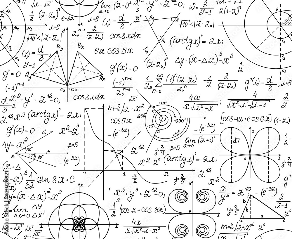 Poster math scientific vector seamless background with handwritten formulas, figures and equations