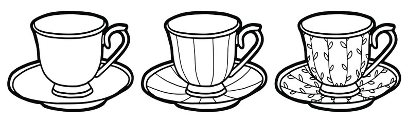 Hand drawing cups and saucers. Black outline. Coloring page. 