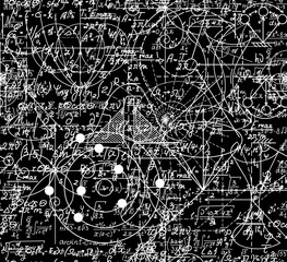 Math vector seamless pattern with handwritten mathematical formulas, calculations, figures shuffled together, chalk writings on blackboard	
