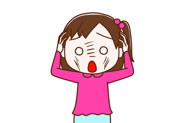 白目になってどうしようか頭を抱えて慌てる少女