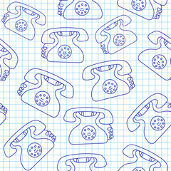 Vector seamless pattern with hand drawn old phones. Decorative endless texture