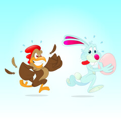 Naklejka premium cartoon of a chicken chasing the easter bunny after stealing an egg