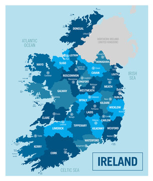 Ireland country political map. Detailed vector illustration with isolated provinces, departments, regions, counties, cities, islands and states easy to ungroup.