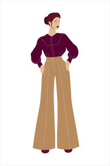 Stylish young woman dressed in trendy clothes. Vector illustration.