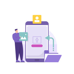 an illustration of a man uploading a photo or identity to a website or application on a smartphone. file upload system concept. flat style. vector design