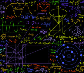 Math scientific multicolored vector seamless pattern with geometry figures, calculations and formulas