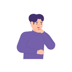 a man vomiting blood or coughing up blood. abdominal pain. the facial expression of an unhealthy or sick person. flat style. vector design illustration