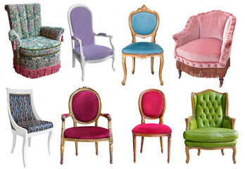 Gorgeous vintage armchairs isolated on white background. Armchairs with color, green and purple upholstery