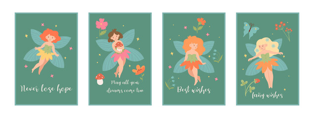 A set of cards with cute fairies. Vector graphics.