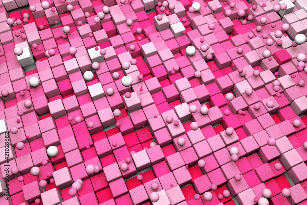 Poster 3d abstract cubes. geometric pink pattern. squares and circles.futuristic cube with moving elements.