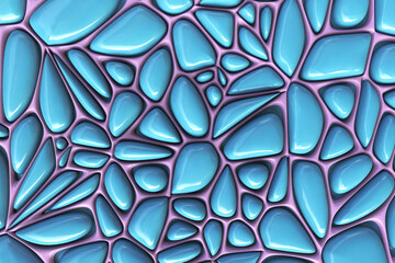 3d rendering of blue pebbles with pink lines background. Abstract minimalist image of light pastel blue stones. Polygonal mosaic elements. Split geometric object. Modern minimal design. Voronoi effect