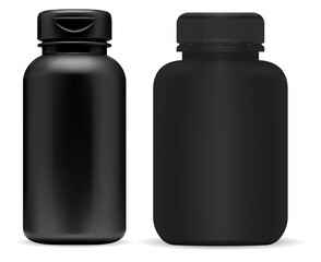 Black pill bottle mockup. Supplement jar mock up, plastic container design. Prescription tablet jar blank, isolated product. Sport supplement can, vitamin box, powder. Medicine bottle