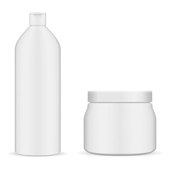 Cosmetic jar, shampoo bottle, white plastic cream jar mockup. Cosmetic creme package blank. Realistic beauty product bottle, simple object template. Liquid gel tube, butter or scrub jar