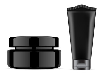 Black cosmetic cream jar. Cream tube mockup, beauty container, liquid essence or scrub box. Isolated toothpaste tube blank. Skin care or ointment illustration, modern beauty design