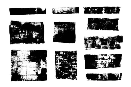 Set of grunge backgrounds. Brush strokes. Dirty texture. Black grungy backdrop, rough borders, distressed texture.
