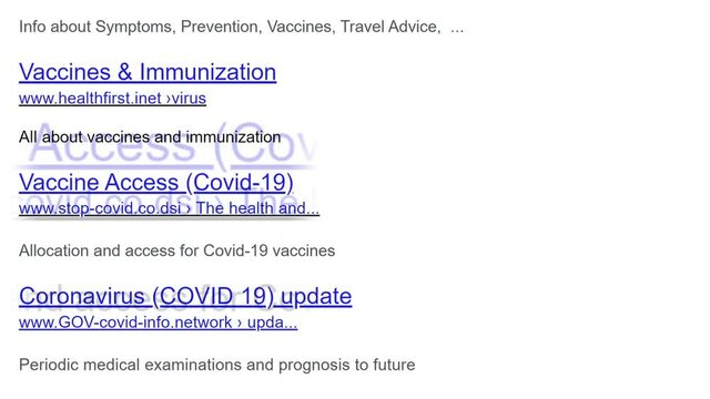 Internet search results for coronavirus with The links of imaginary no-existing websites move on a display, close up.