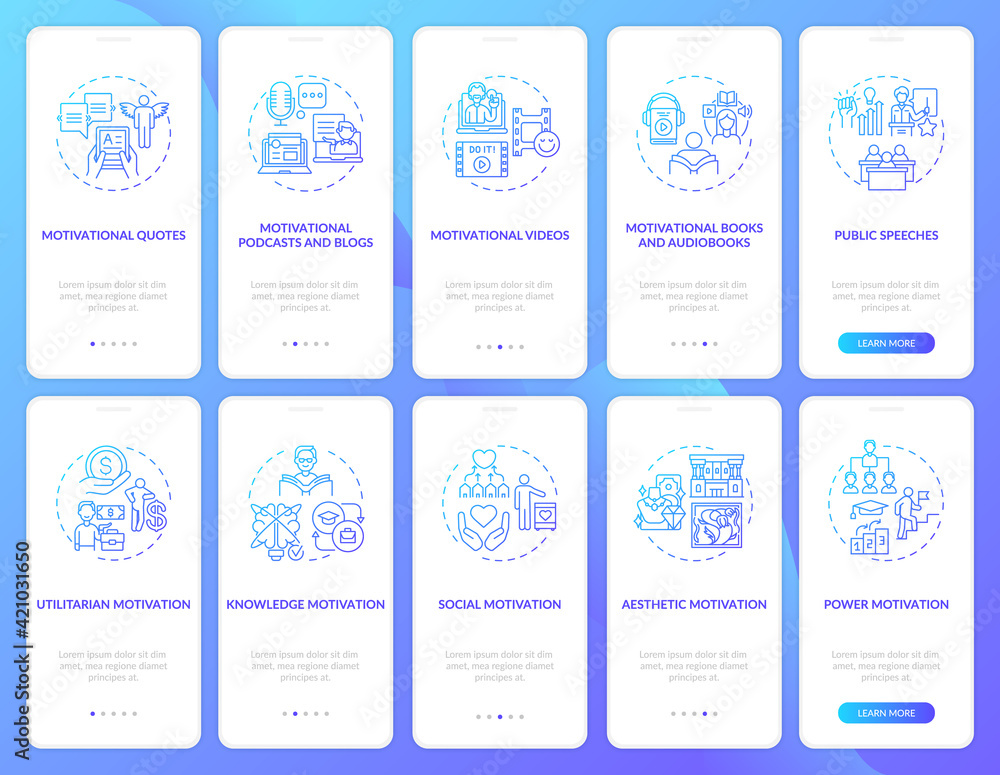 Poster motivational content onboarding mobile app page screen with concepts set. motivating for actions wal