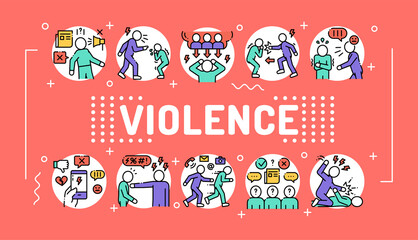 Violence word lettering typography. Infographics with linear icons on red background. Creative idea concept. Isolated outline color illustration