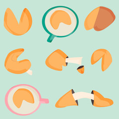 set of elements chinese cookies with predictions on a green background