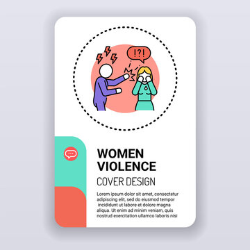 Women violence brochure template. cover design. Family bullying. Print design with linear illustration cartoon character on a white background