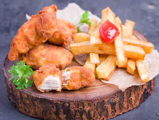 crispy chicken nuggets Crunchy homemade fries on a white napkin
