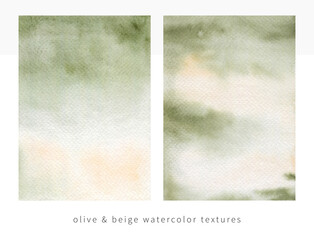 Watercolor abstract olive green and beige texture background set. Hand painted illustration for greeting cards, wedding invitations, blog background, social media, posters and other.