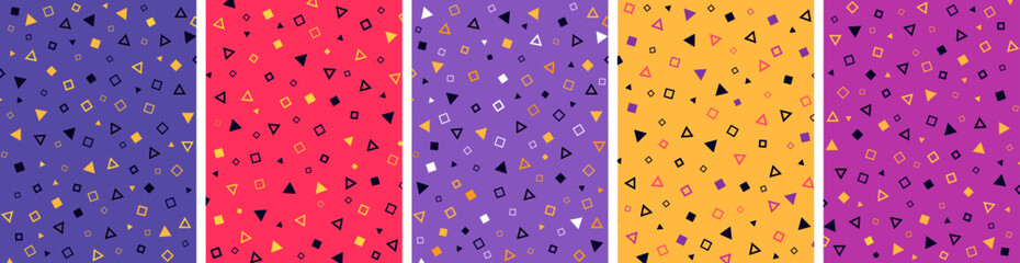 Geometric minimalist vector set. Memphis style abstract background design. Soft pastel blue, violet, yellow and purple colors pattern. Wallpaper, brochure, banner or poster illustration set