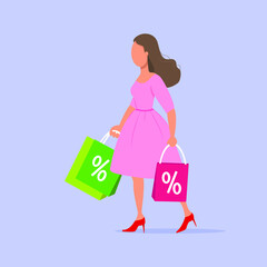 Woman with shopping bags, spring sale concept. Cute vector flat style. Illustration isolated on blue.