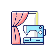 Curtain sewing and alteration RGB color icon. Professional upholstery and household items fix. Sewing machine. Garment restoration. Clothing repair services. Isolated vector illustration
