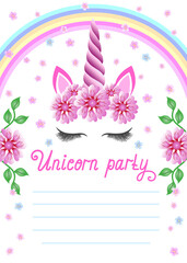 Baby Birthday Party Invitation. Fabulous Unicorn  Magical celebration invite. Fairy unicorn princess girl for magic party invitation design.