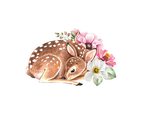 animal young deer with delicate bouquet of flowers, illustration watercolor hand painted © Lana