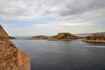 Panoramic view from the mountain to several small islands in the sea